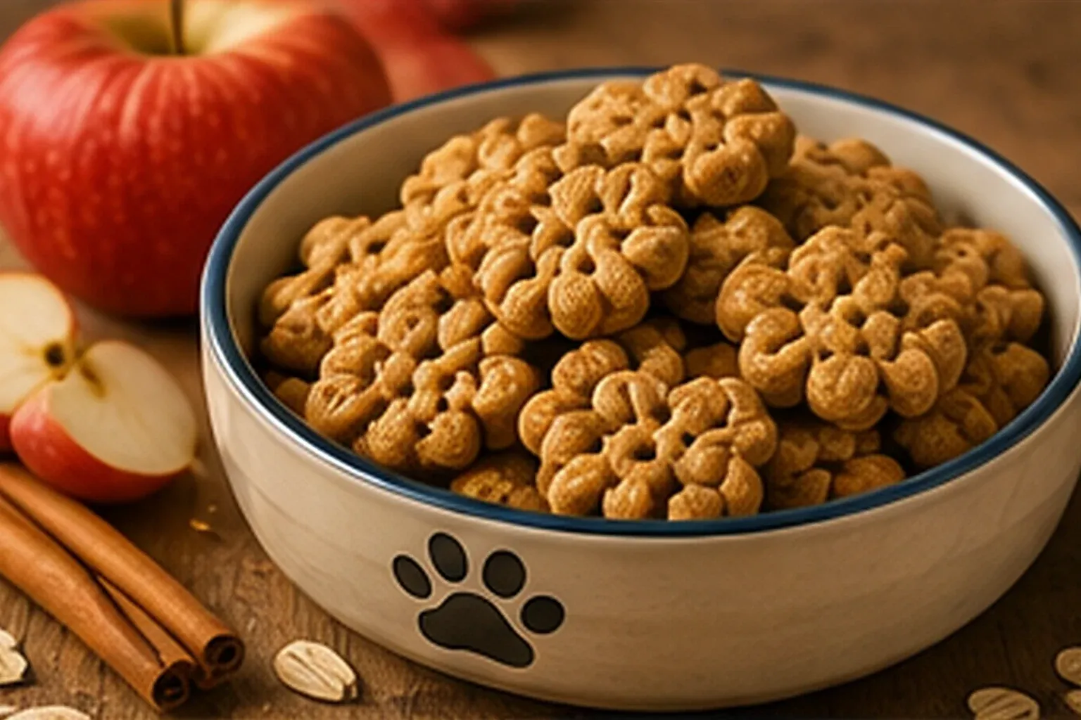 Small baked oat and apple treats in a bowl, with fresh apples and cinnamon sticks nearby