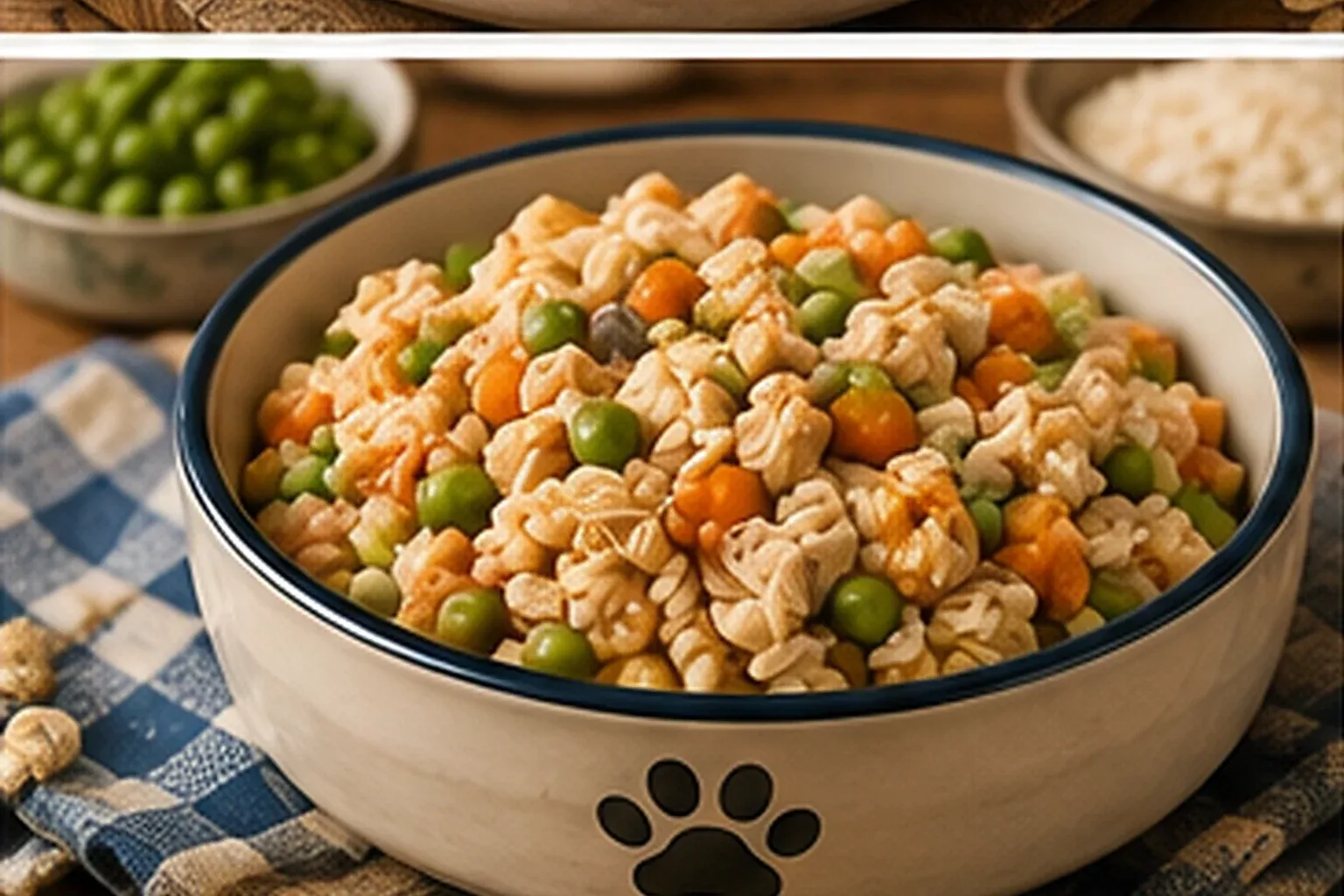 Plain shredded chicken and rice with peas and carrots in a paw-print bowl