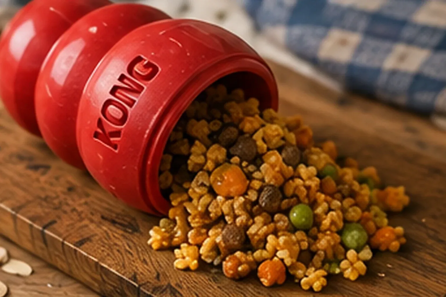 A red Kong toy on its side with the stuffing mixture spilling out onto a board