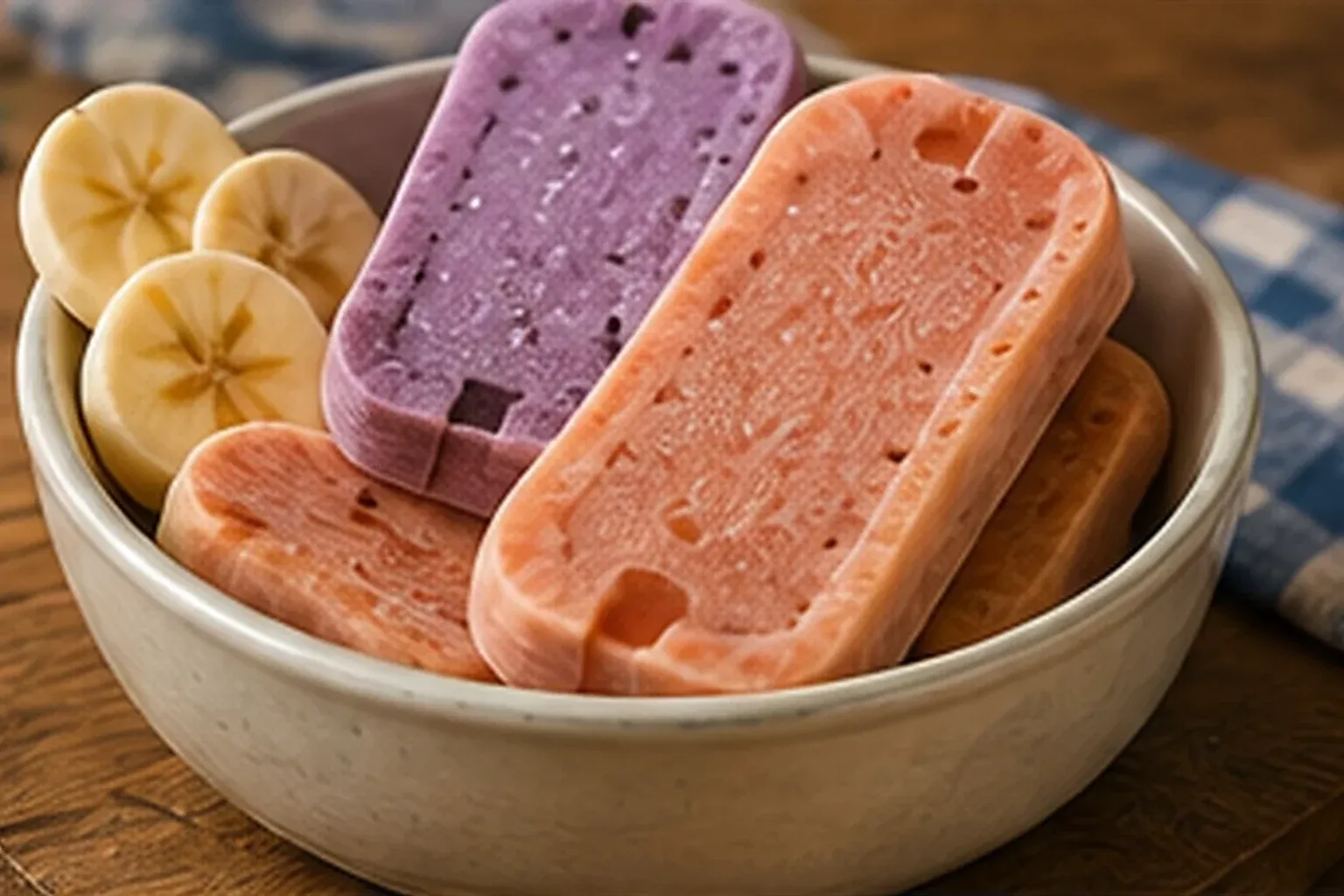 Three frozen treat pops in a bowl with banana slices