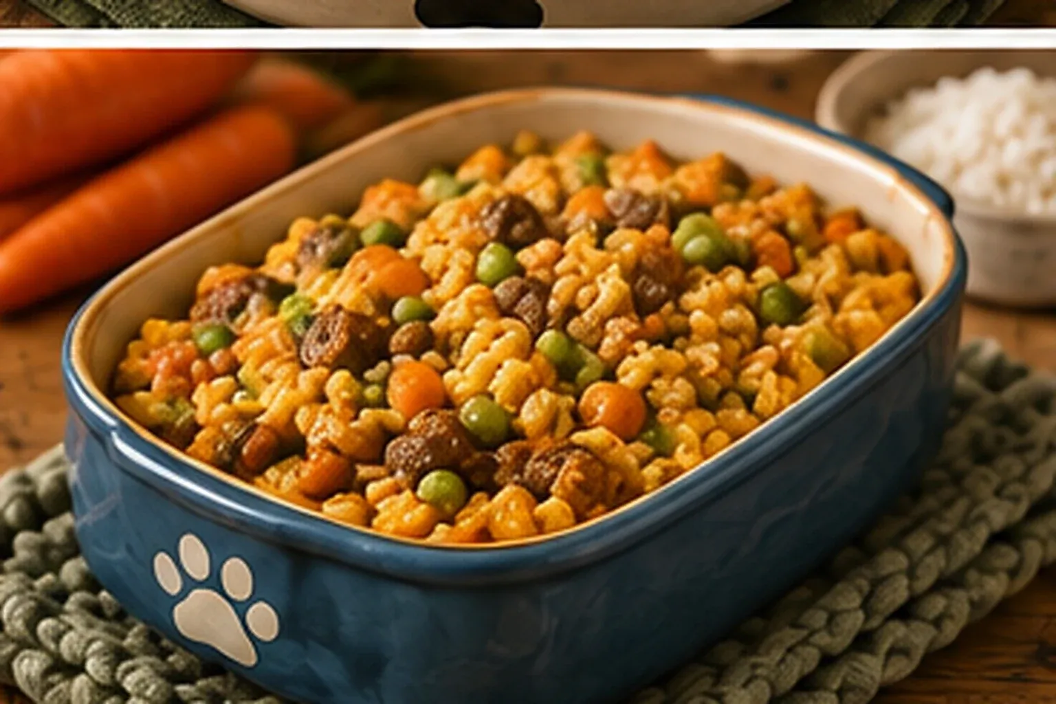 A baked turkey, rice, and vegetable casserole in a blue dish