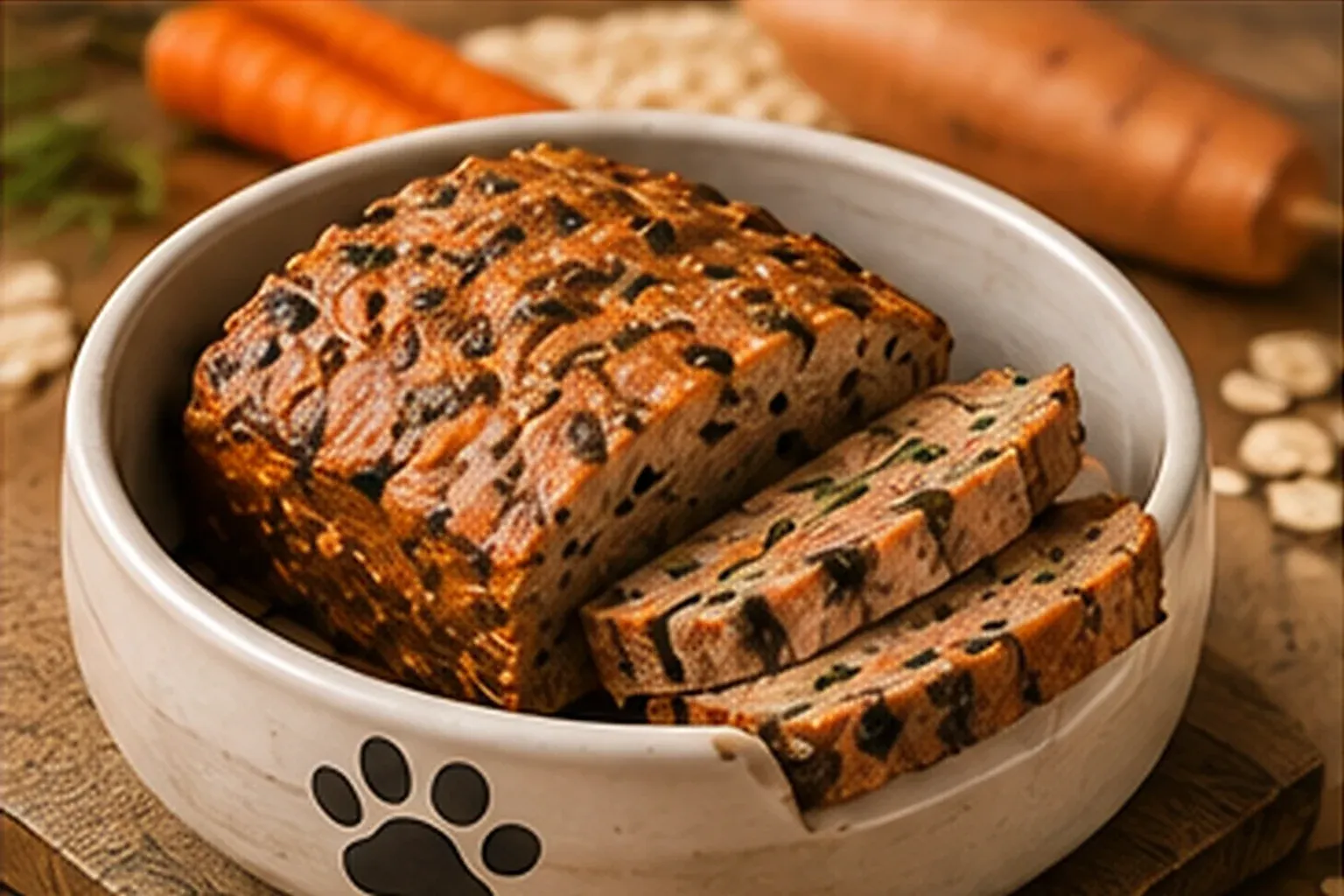 A sliced turkey and vegetable loaf in a paw-print dog bowl, with carrots and oats alongside