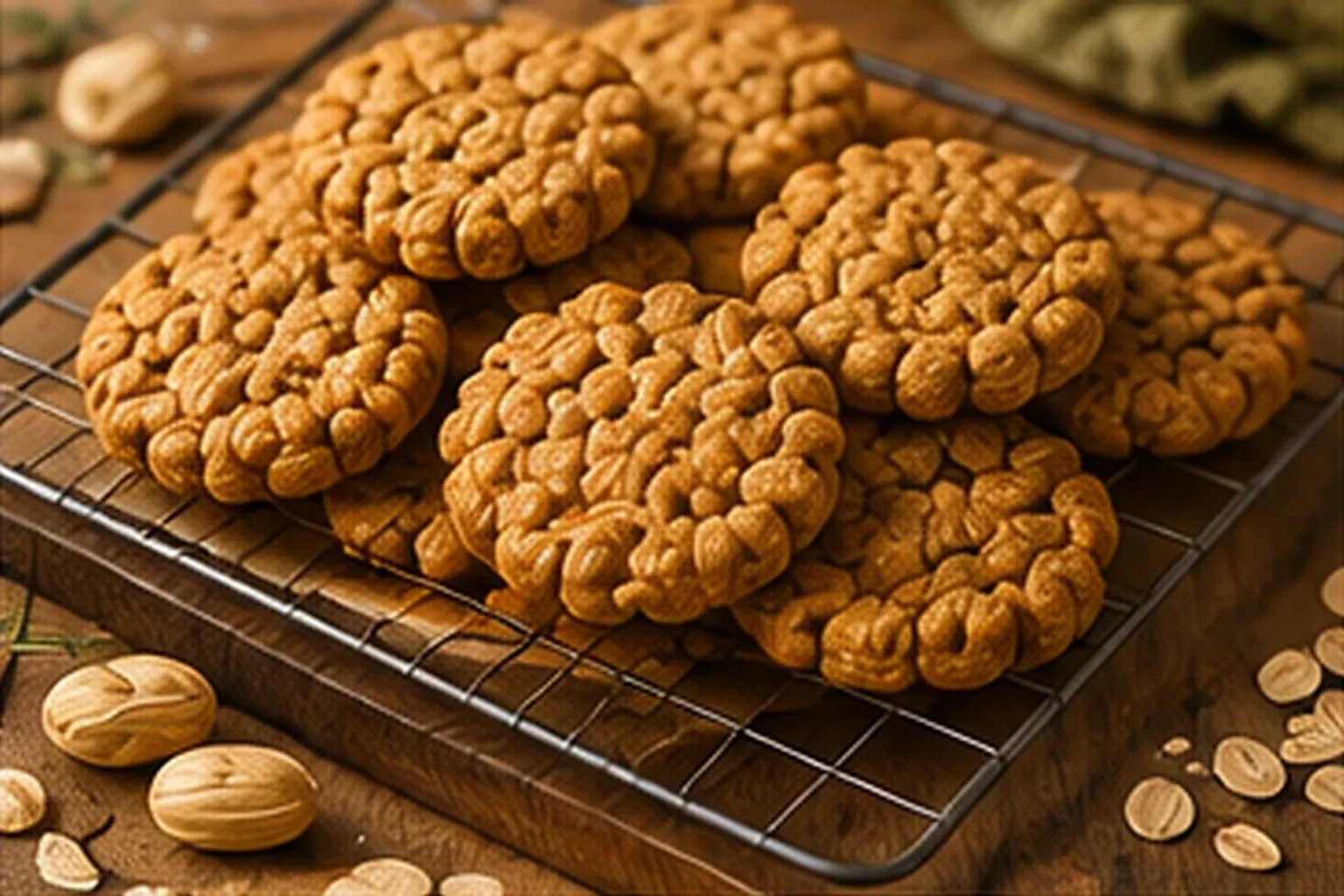 Peanut butter oat cookies cooling on a wire rack