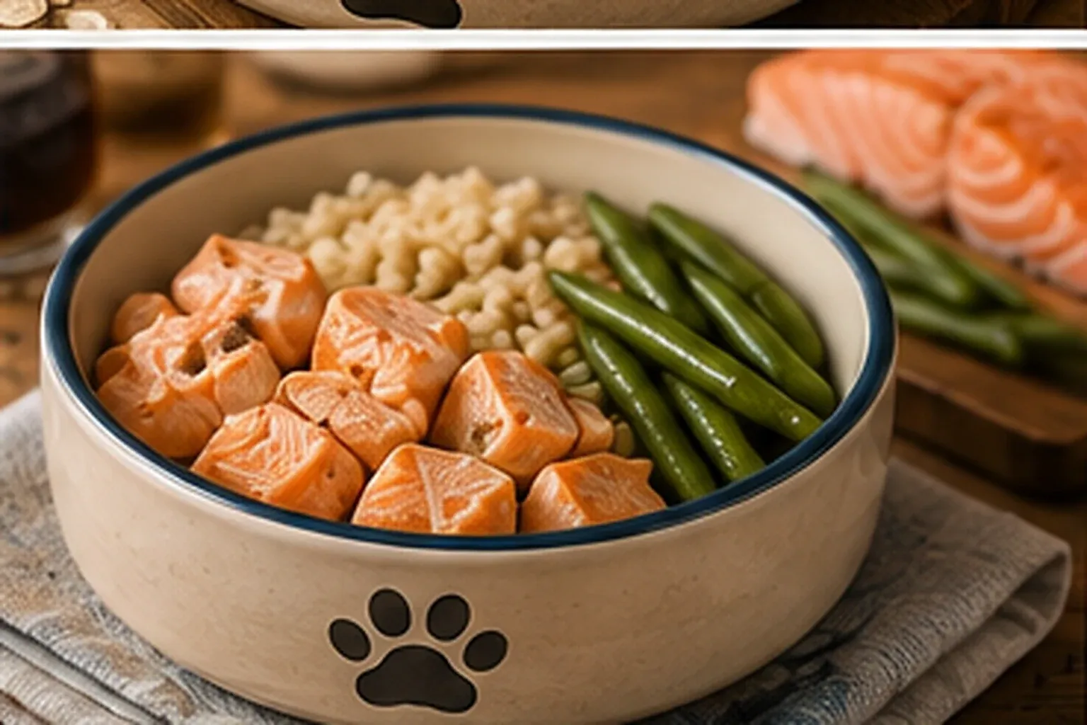 Flaked salmon served with rice and green beans in a dog bowl