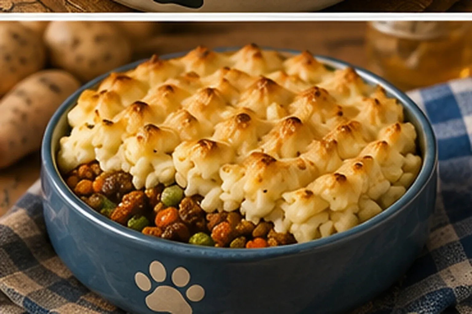 Shepherd’s pie with a browned mashed sweet potato topping over meat and vegetables