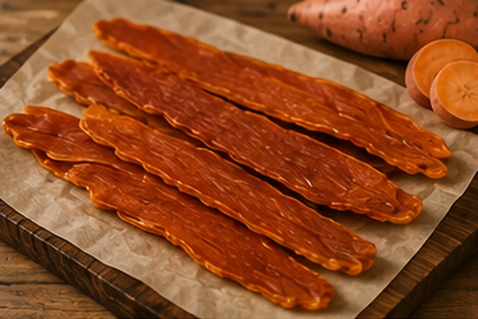 Long dehydrated sweet potato strips on parchment, with a sweet potato alongside