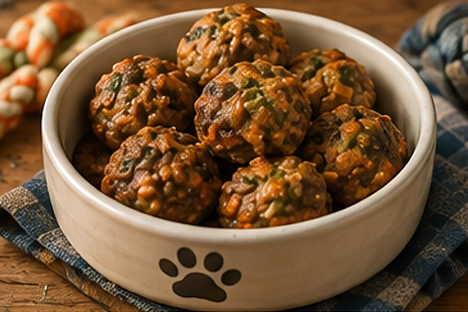 Small baked meatballs piled in a paw-print dog bowl
